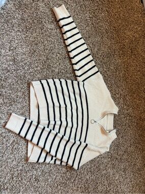 SHEIN Cream and Black Striped Half-Zip Turtleneck Sweater